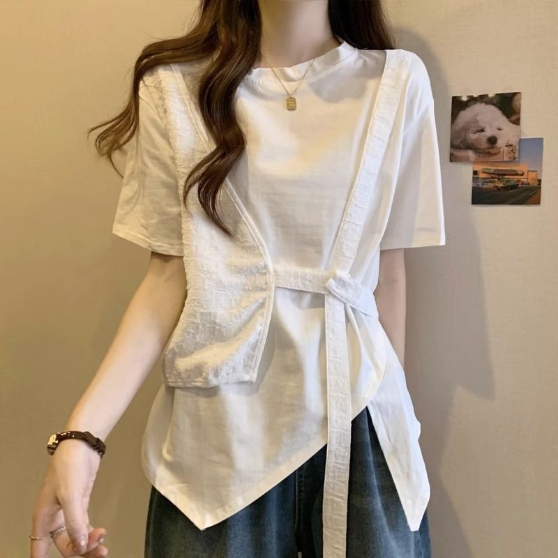 【遐想優選】短袖 T恤 女 短袖上衣女 短袖 t恤女 大碼女裝胖妹妹夏裝拚接時尚設計感假兩件短袖上衣顯瘦胖mmT恤 | 蝦皮購物