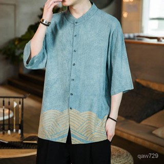 中國風男裝印花短袖襯衫冰絲半袖上衣男涼感外套寬鬆複古亞麻襯衣