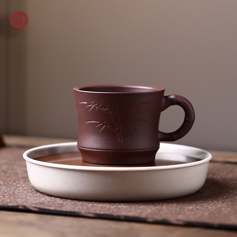 茶道宏中宜興紫砂杯純手工主人單杯茶杯手柄杯功夫茶具品茗小杯