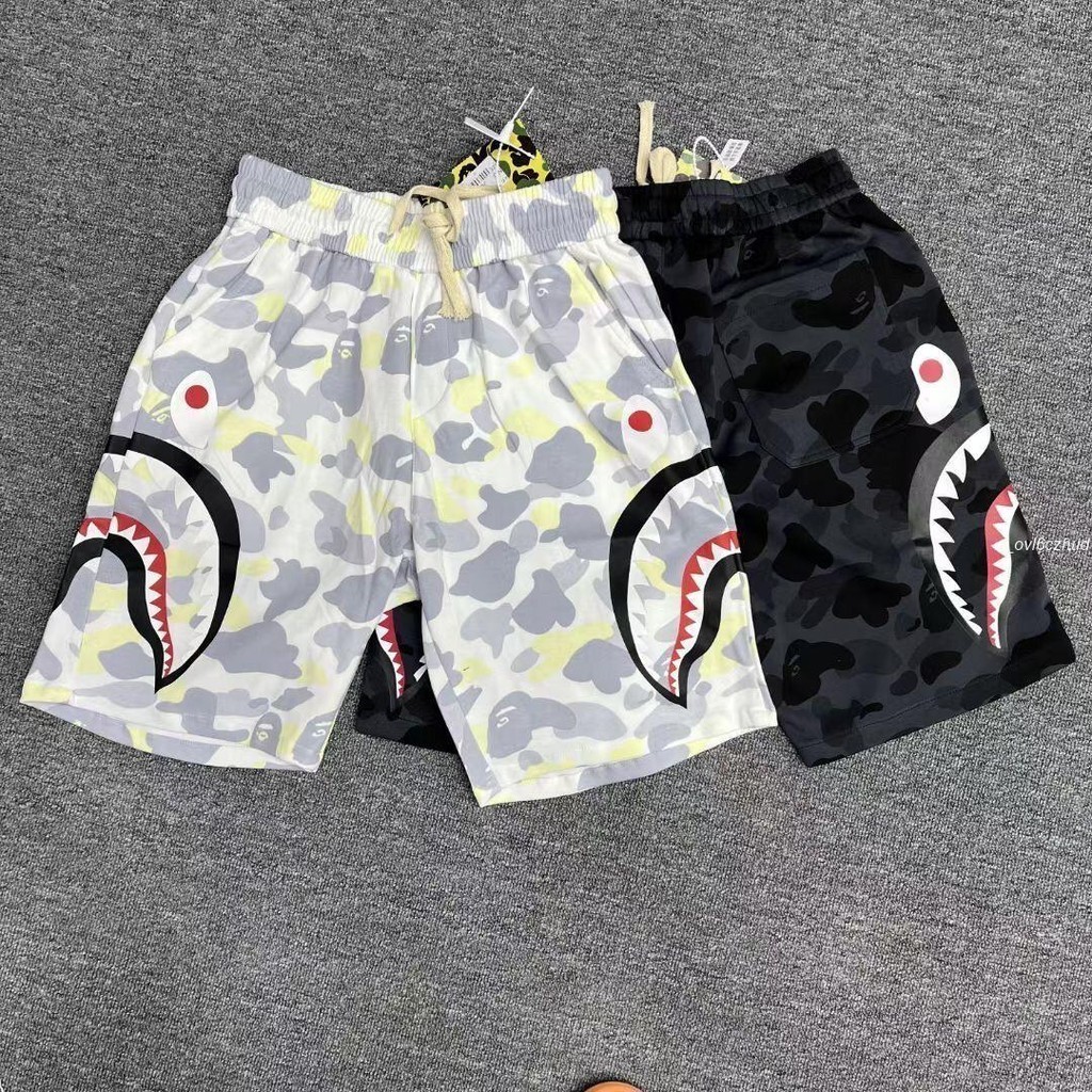 短褲 沙灘褲 情侶褲 睡褲 日系潮牌夏季爆款鯊魚頭短褲迷彩印花男女情侶寬松休閑運動五分褲