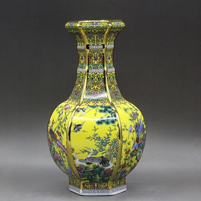 清乾隆蒔金琺瑯彩花鳥六方賞瓶模古工芸磁器