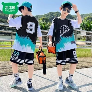 2024特價👣木木屋男童速幹夏季短袖兩件套2024新款中大童兒童男孩籃球服套裝 XFWV