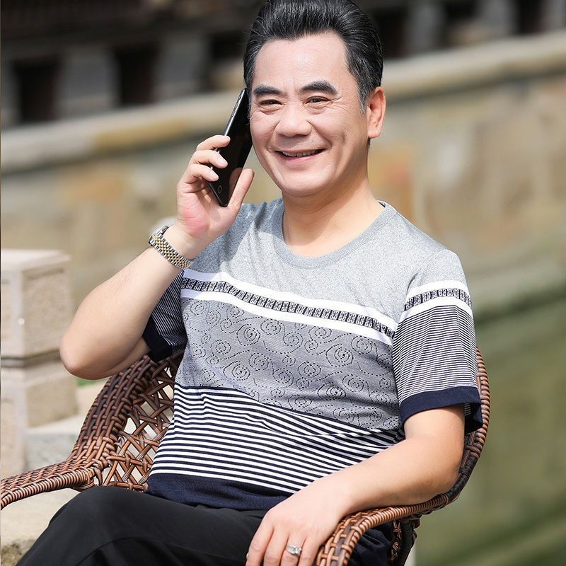 爸爸夏裝短袖T恤中年男士寬鬆冰絲體恤衫中老年人圓領半袖T恤男裝 | 蝦皮購物
