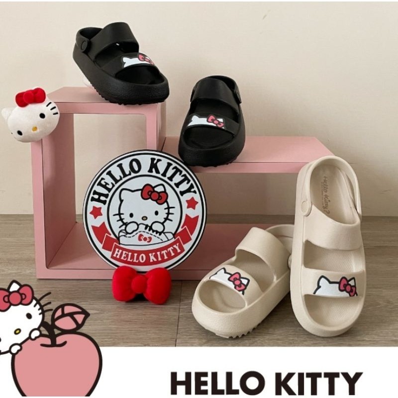 HELLO KITTY 女 黑色／米色923001 ?後/寬楦 輕量透氣 厚底增高 防水防滑 Q彈柔軟拖鞋 | 蝦皮購物