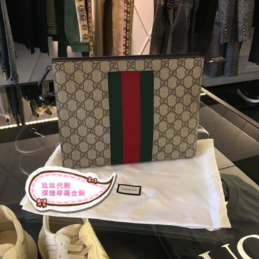 Gucci 古馳 Supreme 475316 Gg印花 帆布 手拿包 錢包 飾條紋織帶 公文包 蝦皮購物