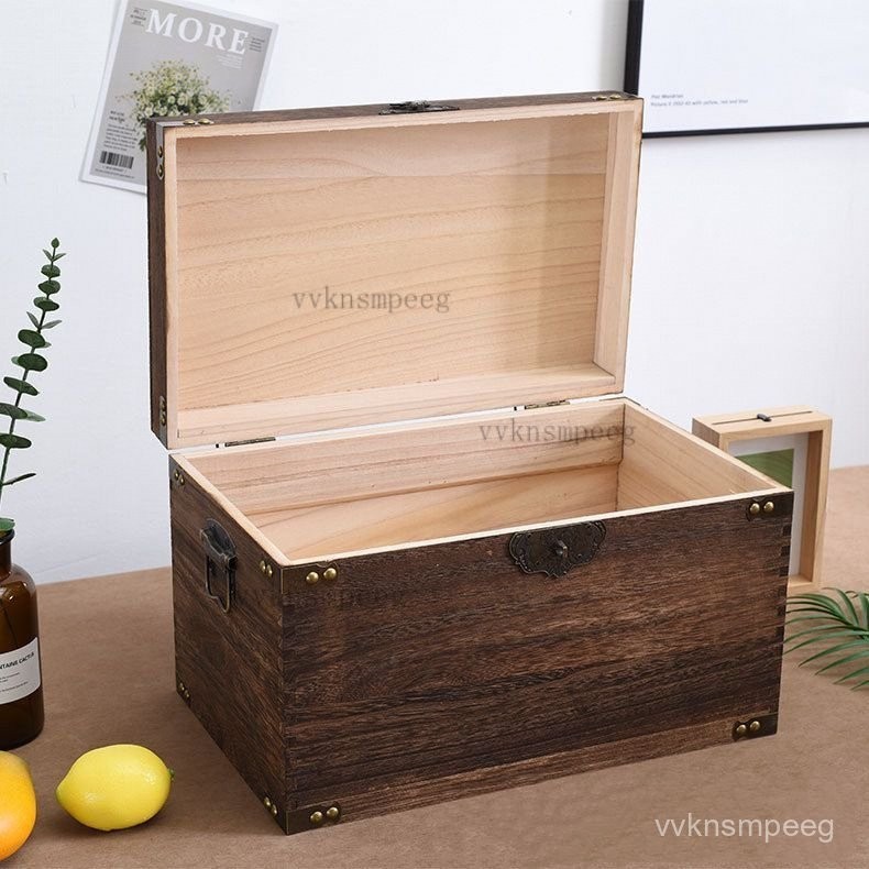 可開發票 木質收納盒 木箱 實木收納盒燒桐木帶鎖木箱做舊復古大木箱子儲物箱雜物整理收納箱 | 蝦皮購物