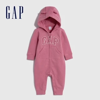 Gap 嬰兒裝 Logo熊耳造型連帽長袖包屁衣/連身衣 碳素軟磨系列-深粉色(788682)