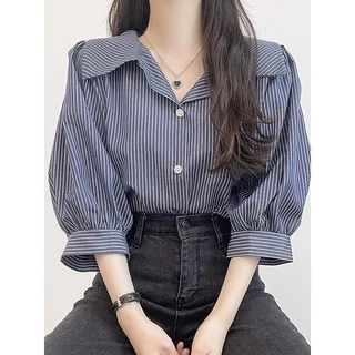 【Codibook】韓國 Dday Girl 直條紋翻領七分袖襯衫［預購］襯衫 女裝