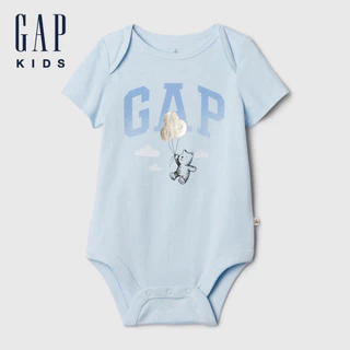 Gap 嬰兒裝 Logo純棉小熊印花圓領短袖包屁衣-天藍色(402477)