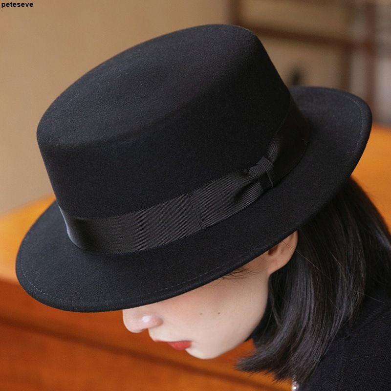禮帽👒禮帽女秋冬黑色平頂帽法式復古羊毛氈帽時尚百搭平檐優雅帽子女冬 | 蝦皮購物