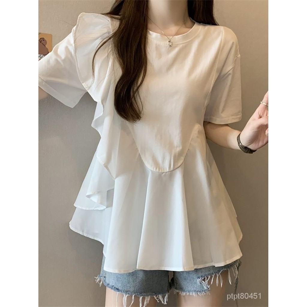 【胖丫女裝】女裝 短袖 T恤大碼女裝胖mm夏裝荷葉邊拚接短袖T恤微胖妹妹遮肚子減齡上衣 | 蝦皮購物