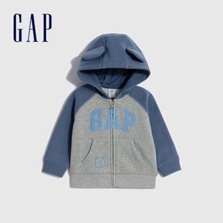 Gap 嬰兒裝 Logo小熊印花熊耳造型連帽外套 碳素軟磨系列-藍灰拼接(788556)