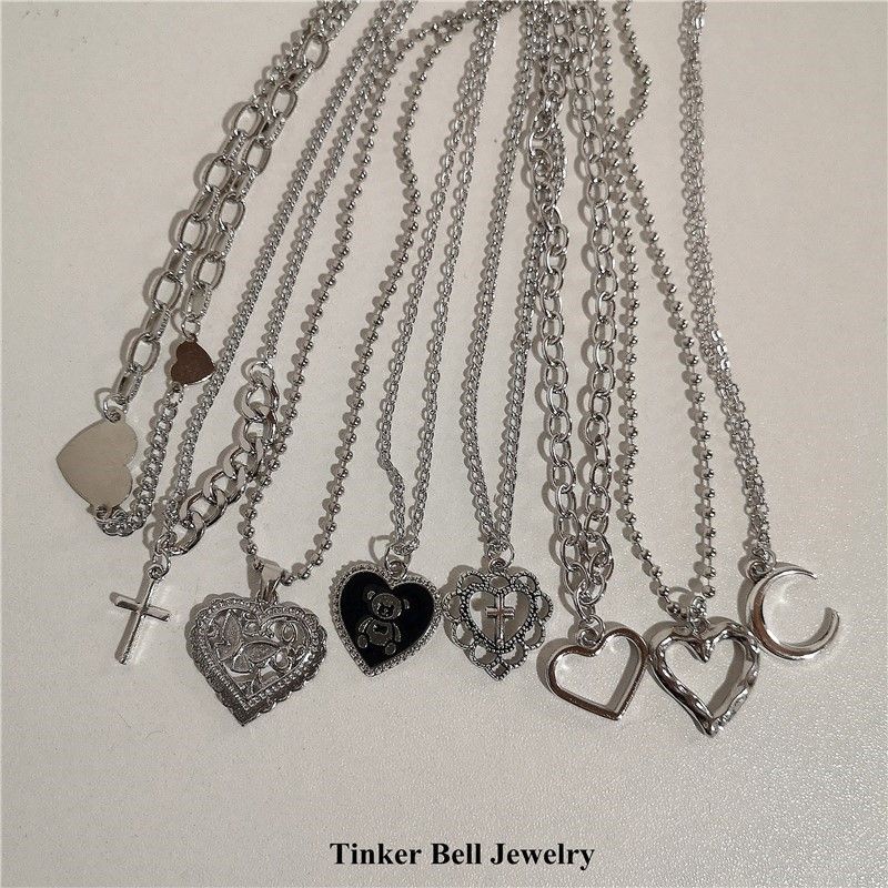 Kpop Goth Silver Color Heart Cross Pendant Chain Necklace Fo | 蝦皮購物
