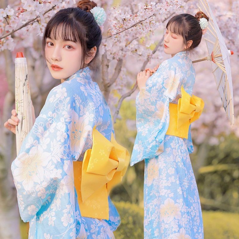 ?免運?神明少女和服秋季日系改良和風淺藍色百合長款火大會浴衣連衣裙 