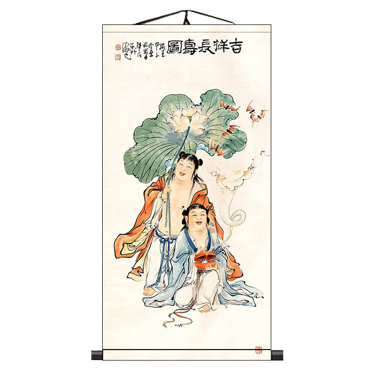 熱賣和合二仙畫像圖神仙圣像絲綢卷軸新婚房夫妻促和諧裝飾掛畫助姻緣
