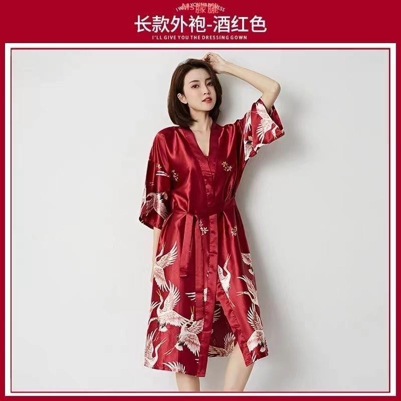 ᴹˢ朦朧女和服睡袍 連身睡衣 睡袍晨袍 夏季薄款睡衣 【D605】情侶夏季薄款仙鶴單件睡袍結婚晨袍新娘絲綢浴袍性感家居服 | 蝦皮購物