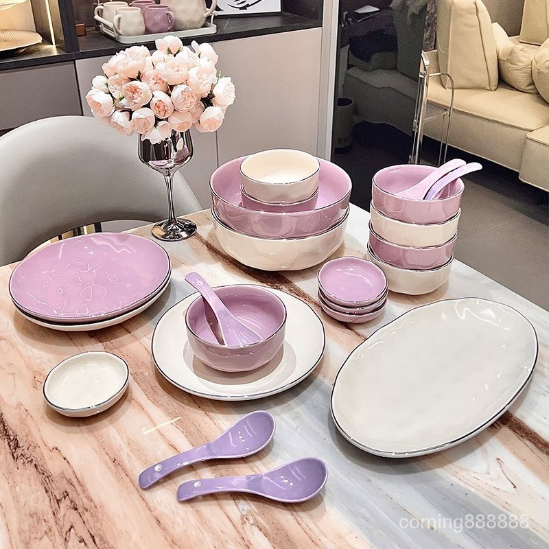 溫柔風碗碟 奶油風陶瓷碗 高顔值餐具 套裝碗 盤子組閤 傢用碗筷 輕奢碗碟 禮盒 | 蝦皮購物