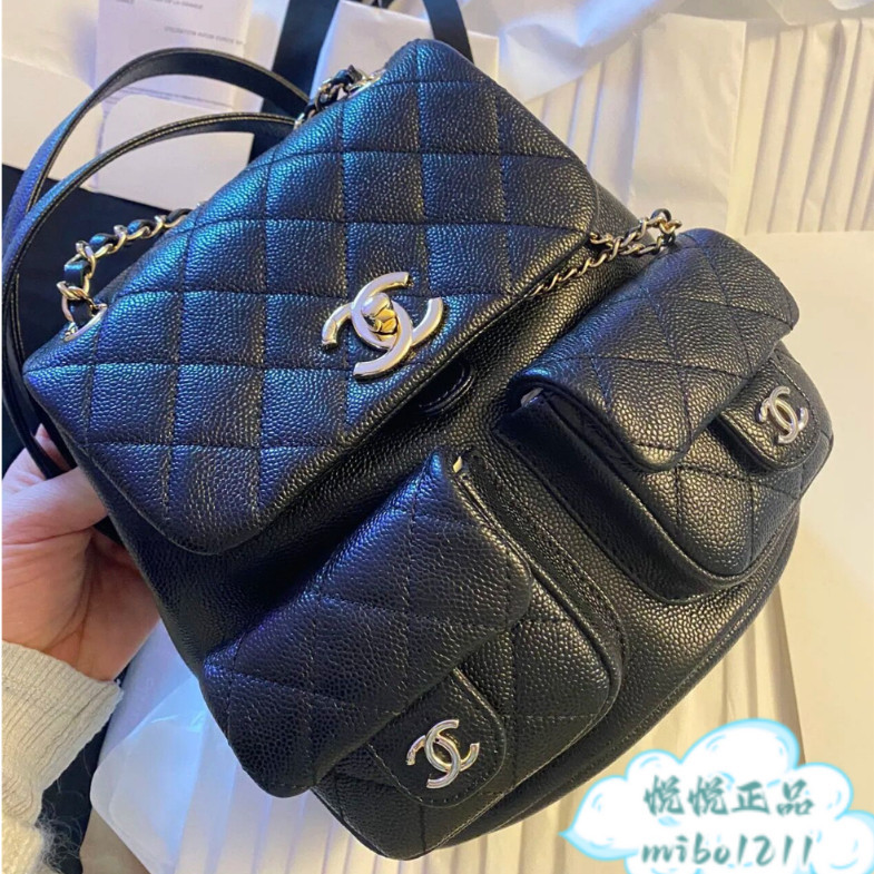 CHANEL 23P 後背包 黑色 牛皮 金扣雙肩包小書包 小青蛙 雙肩包 後背包as3787 | 蝦皮購物