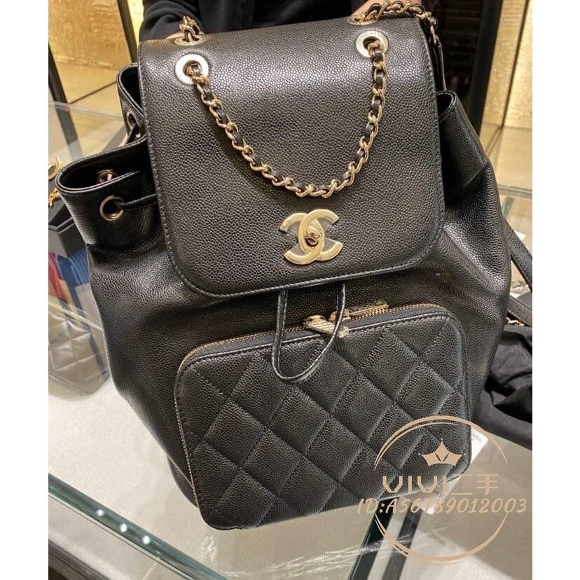 精品二手 CHANEL 香奈兒 後背包 粒面 小牛皮 金屬雙肩包 書包 黑色 A93748 | 蝦皮購物