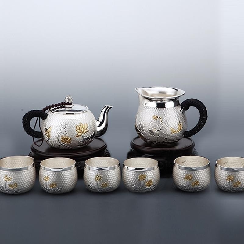 精工999純銀茶壺雲南手工純銀燒水壺功夫銀茶具套裝銀壺茶道傢用
