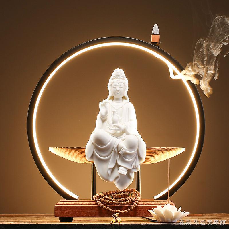 禪』 觀自在觀世音菩薩禪意佛像擺件倒流香香爐新中式客廳玄關供奉倒流