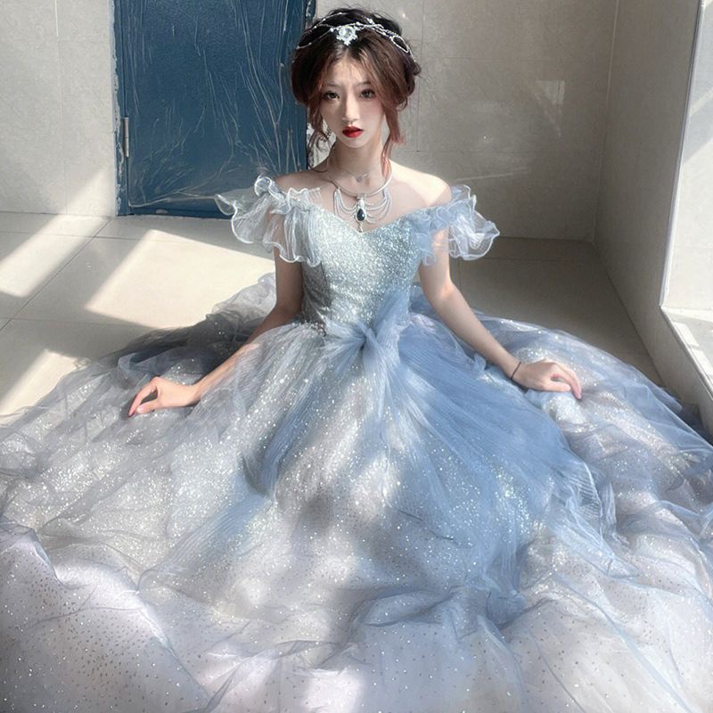 晚宴服藍色晚禮服裙女2022新款高級質感18歲成人禮輕奢高端法式在逃公主禮服 洋裝 晚宴禮服 大尺碼 長裙 年會 | 蝦皮購物