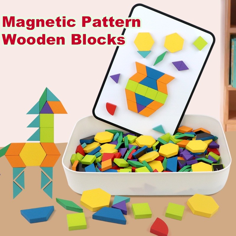 50/120/256pcs Magnetic Pattern Wooden Blocks Set Geometric S | 蝦皮購物
