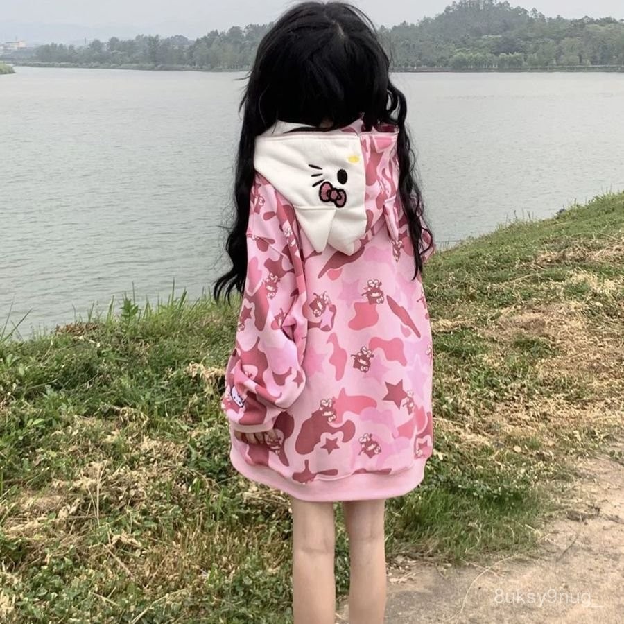 ✨MY女裝 潮流美式迷彩可愛貓外套拉鏈連帽薄款衛衣男女春秋情侶外套 帽T 大學T 衛衣 寬鬆外套 長袖上衣 衣服