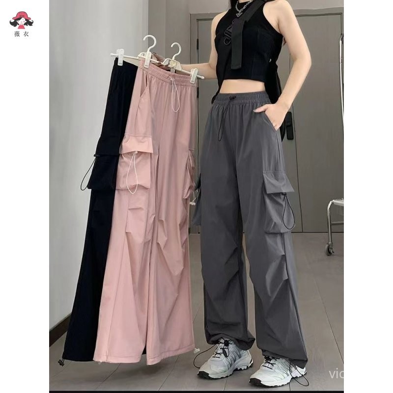 M-4XL 100公斤可穿 大尺碼長褲 工裝褲女 夏季薄款長褲 衝鋒闊腿褲 登山運動褲 大碼休閒長褲 顯瘦工裝褲//薇衣