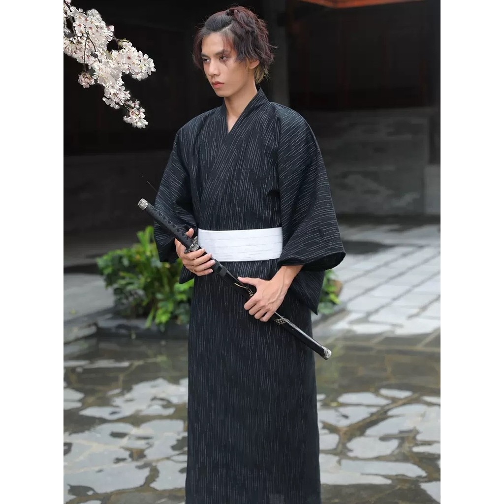 臺灣出貨 日本傳統和服男士浴衣武士長袍浴袍桑拿服寫真服裝棉麻透氣灰藍色 | 蝦皮購物