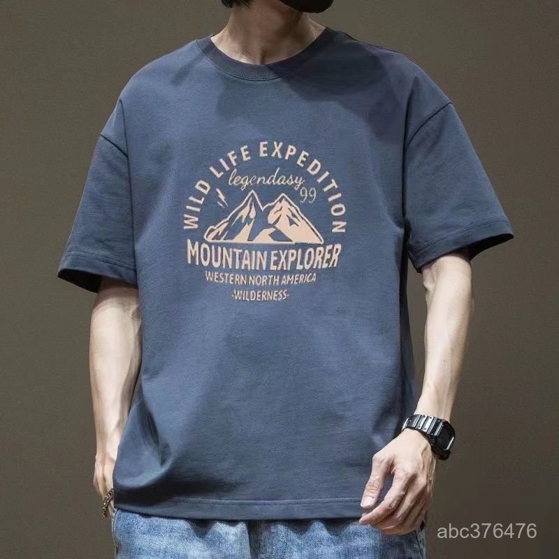 100%純棉 短袖T恤男 新款 圓領短袖 寬鬆休閒 印花 夏季上衣 百搭
