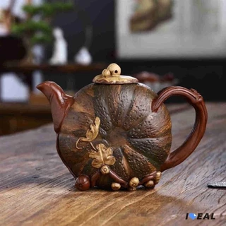 中国古美術・原鉱底槽清、紫砂泥、カボチャ提梁壺、汪寅仙紋 紫砂壺・急須 中国古美術・原鉱底槽清、紫砂泥、カボチャ提梁壺、汪寅仙紋 紫砂