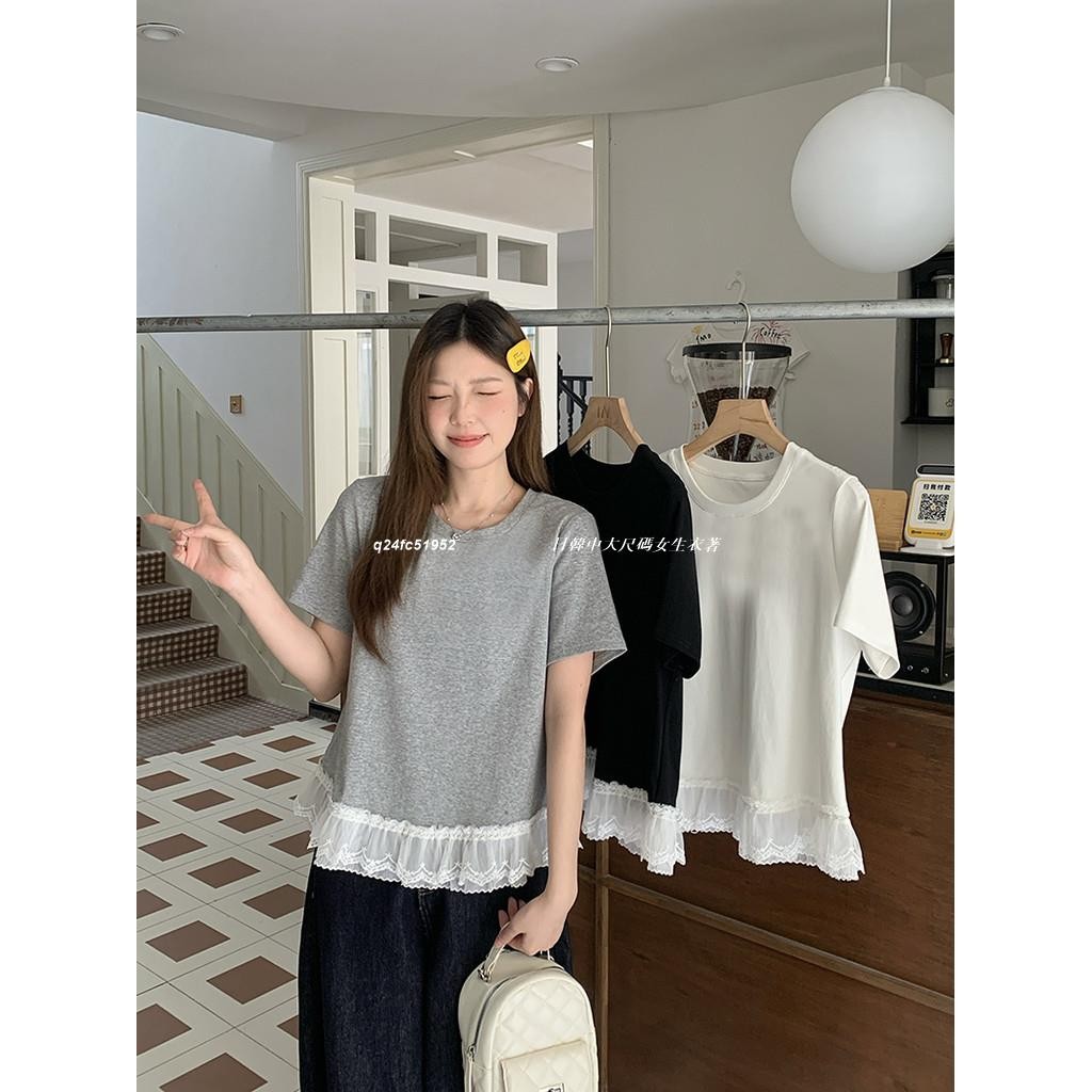 台灣出貨⚡大尺碼T恤 2025夏裝新款胖mm大碼女寬松顯瘦拼接蕾絲邊圓領短袖T恤上衣 | 蝦皮購物