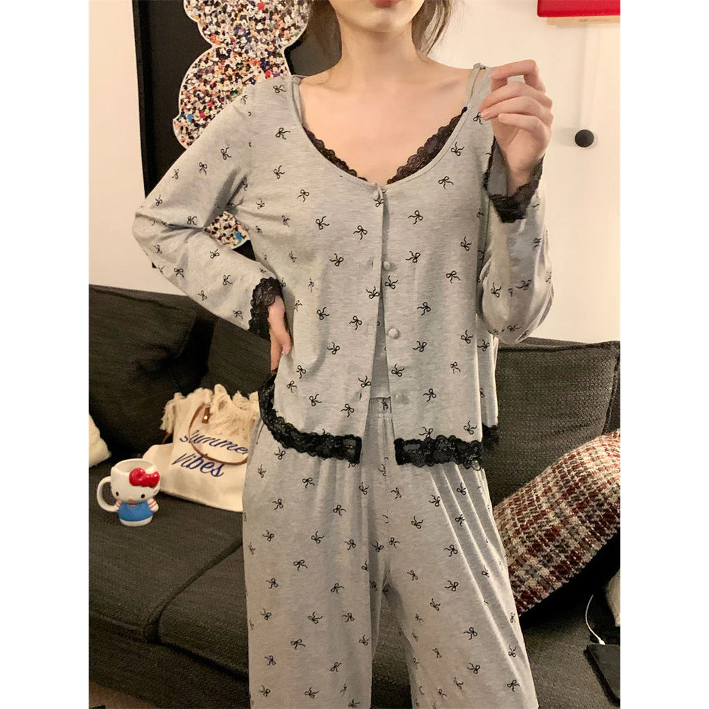 【店鋪 】 睡衣女春 性感蕾絲蝴蝶結背心長袖長褲家居服三件套裝