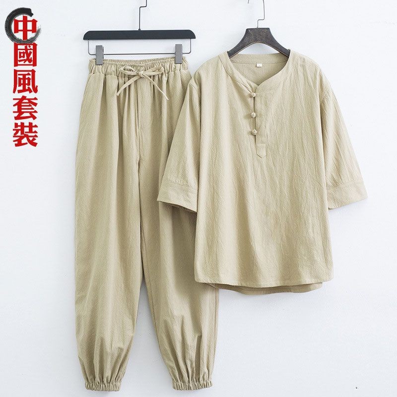 春夏款 男士 休閒 居士服 套裝 盤扣 棉麻 透氣 寬鬆 國風 禪服 青年 漢服 古風裝 | 蝦皮購物