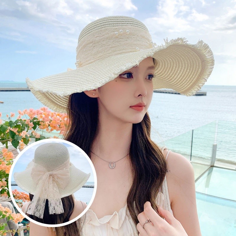 【台灣出貨】遮陽帽女夏季沙灘草帽新款蕾絲鏤空草編帽出遊防曬帽海邊太陽帽子 | 蝦皮購物