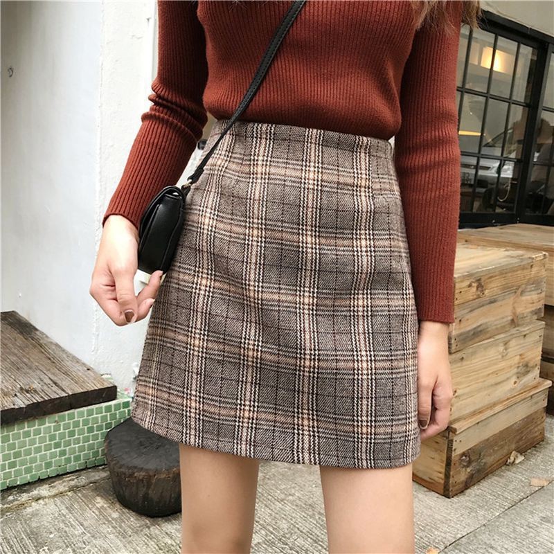 Korean Style Plaid Pleated Skirt Female Spring and Autumn High Waist Thin A-line Short Student Woolen NewSummer Skirts