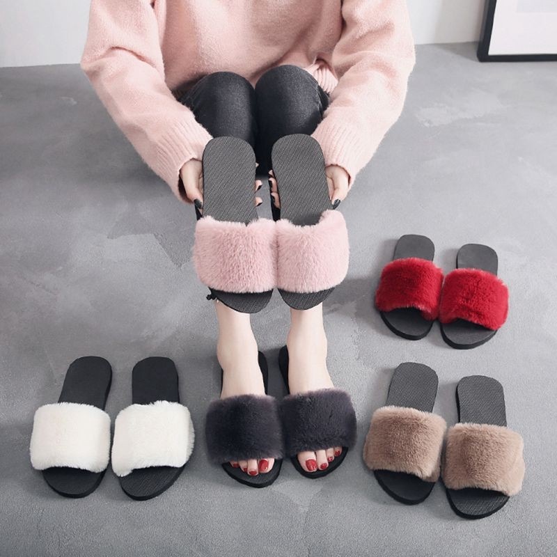 Autumn Winter Fur Solid Color Slippers Home Anti-Slip Warm C | 蝦皮購物