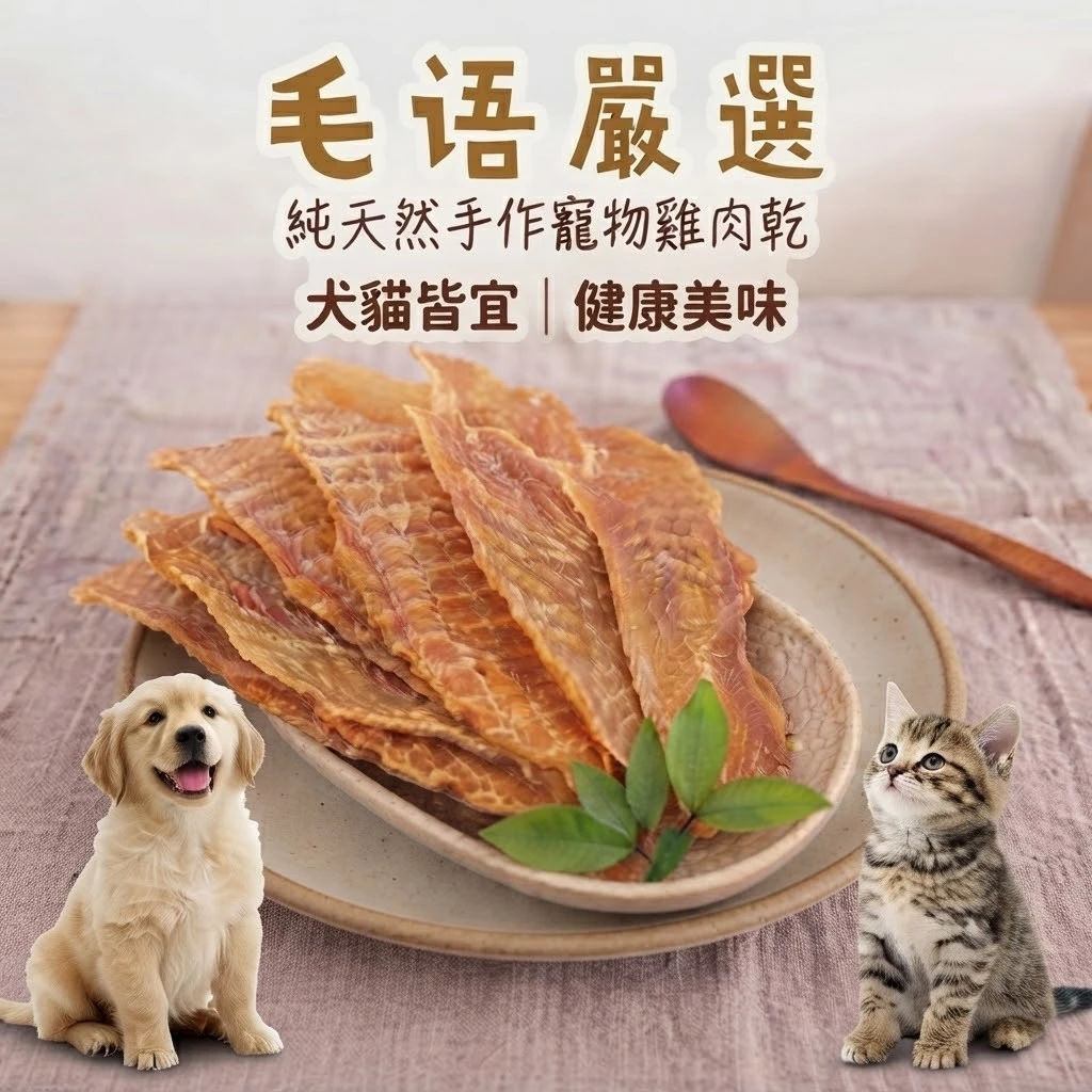 毛語嚴選手作雞肉乾，一口份量的原肉零食，適合幼犬籠內訓練當獎勵