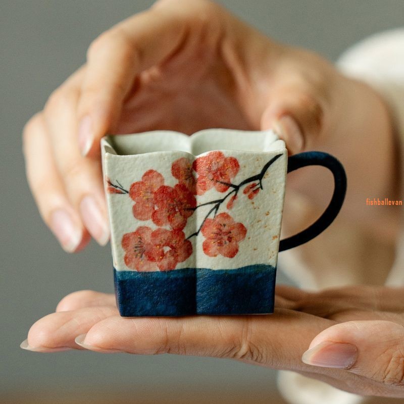 中式品茗主人杯】青花火石紅純手繪梅花四方花口八瓣把杯茶杯敬茶杯神明
