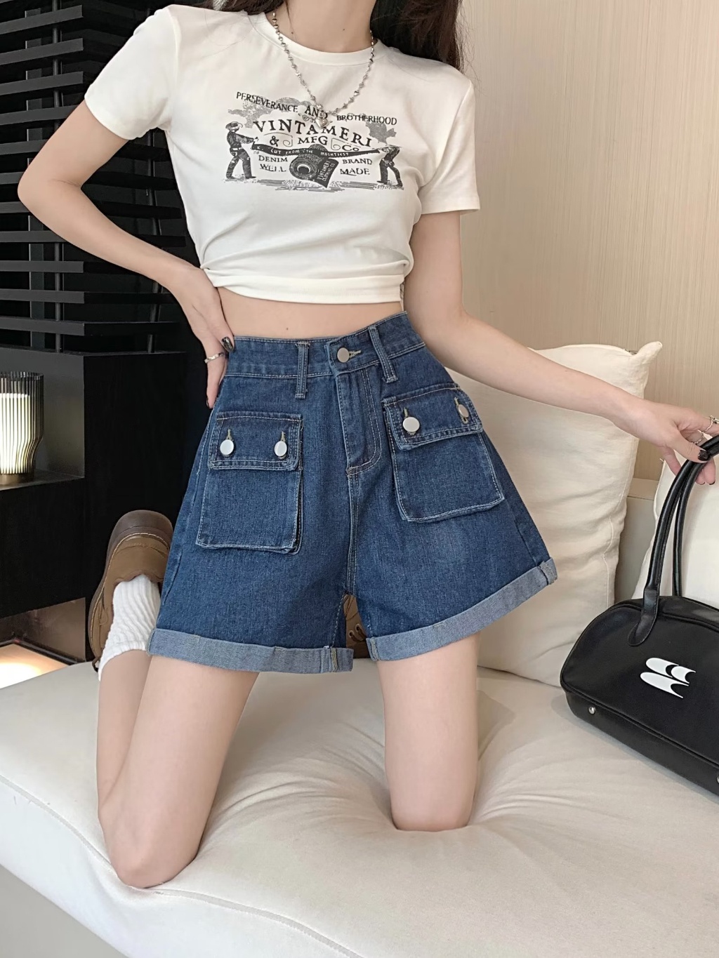 【susu原創】台灣出貨 大尺碼 A字短褲 工裝短褲 高腰牛仔短褲 Shorts For Women 女生短裤 5177 蝦皮購物 