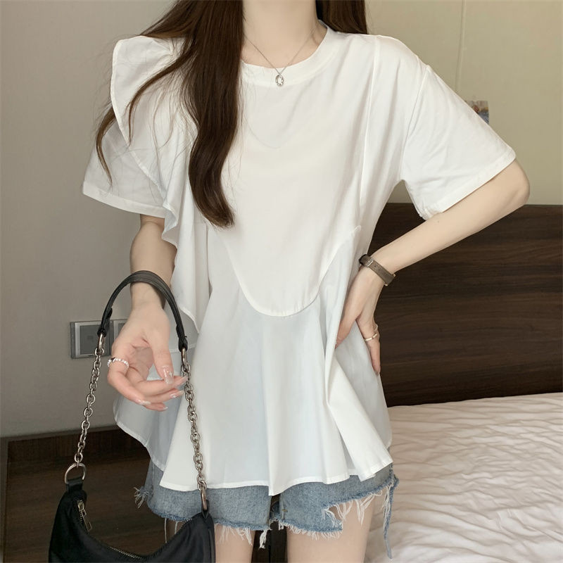 【胖丫女裝】女裝 短袖 T恤大碼女裝胖mm夏裝荷葉邊拚接短袖T恤微胖妹妹遮肚子減齡上衣 | 蝦皮購物