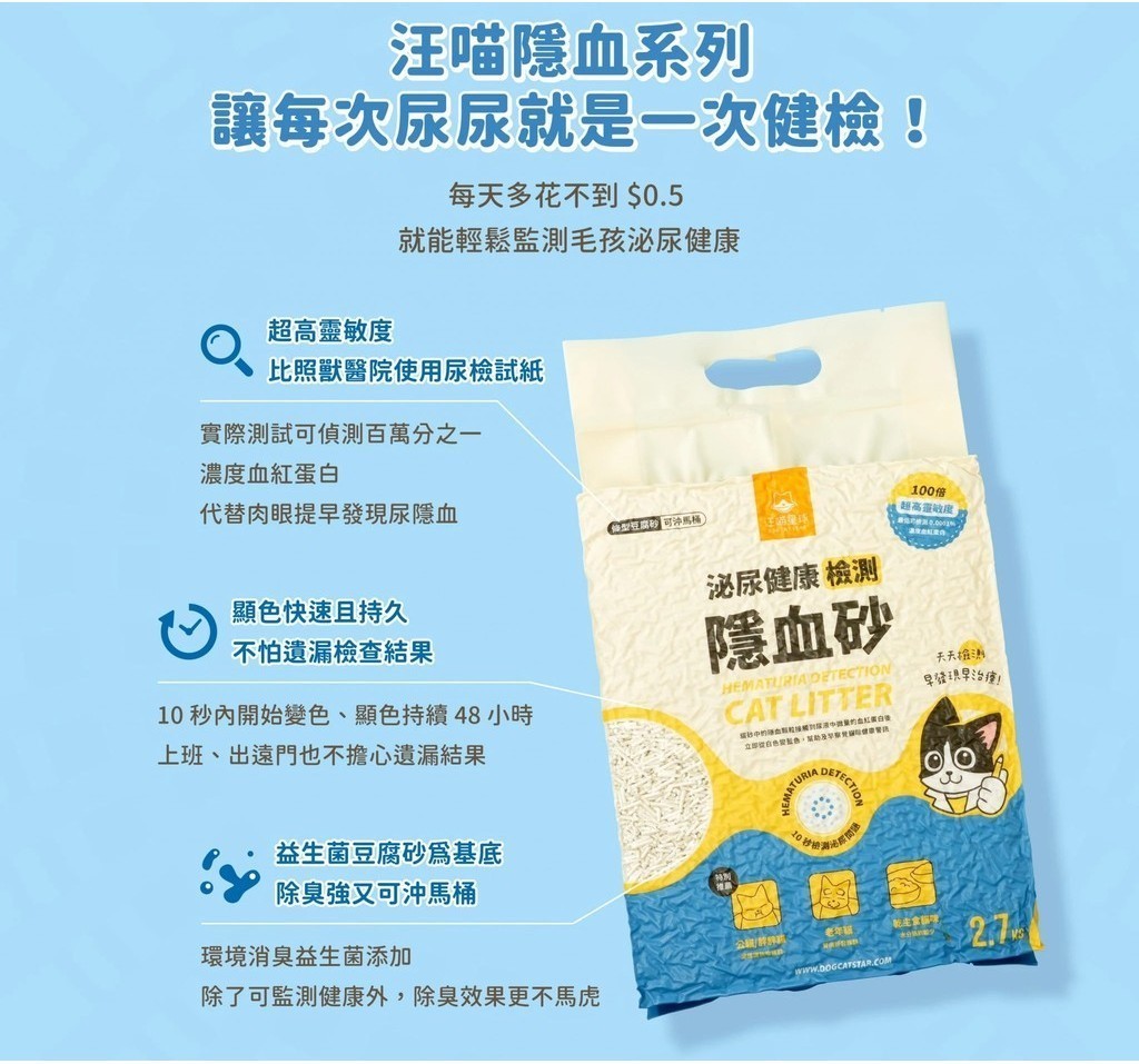 汪喵隱系列讓每次尿尿就是一次健檢靈敏度每天多花不 $0.5就輕鬆監測毛孩泌尿健康比照獸醫院使用尿檢試紙實際測試可偵測百萬分之一濃度蛋白代替肉眼提尿隱血顯色快速且持久不怕遺漏檢查結果10 秒內開始變色、顯色持續48小時上班、出遠門也不擔心遺漏結果益生菌豆腐砂基底除臭又可沖馬桶環境消臭益生菌添加除了可監測健康外,除臭效果更不馬虎100倍超高靈敏度泌尿健康 檢測隱血砂H DETECTIONCAT LITTER能血到血紅EMATURIADETECTION發現早治療!
