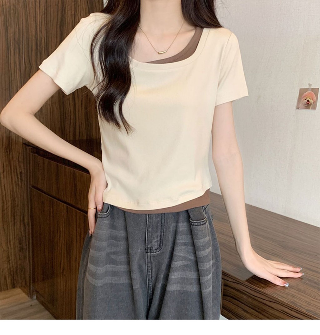 免運 臺灣出貨 短版上衣女 方領短袖T恤女裝夏季2025新款設計感小衆修身純慾假兩件短款上衣 OLZZ | 蝦皮購物