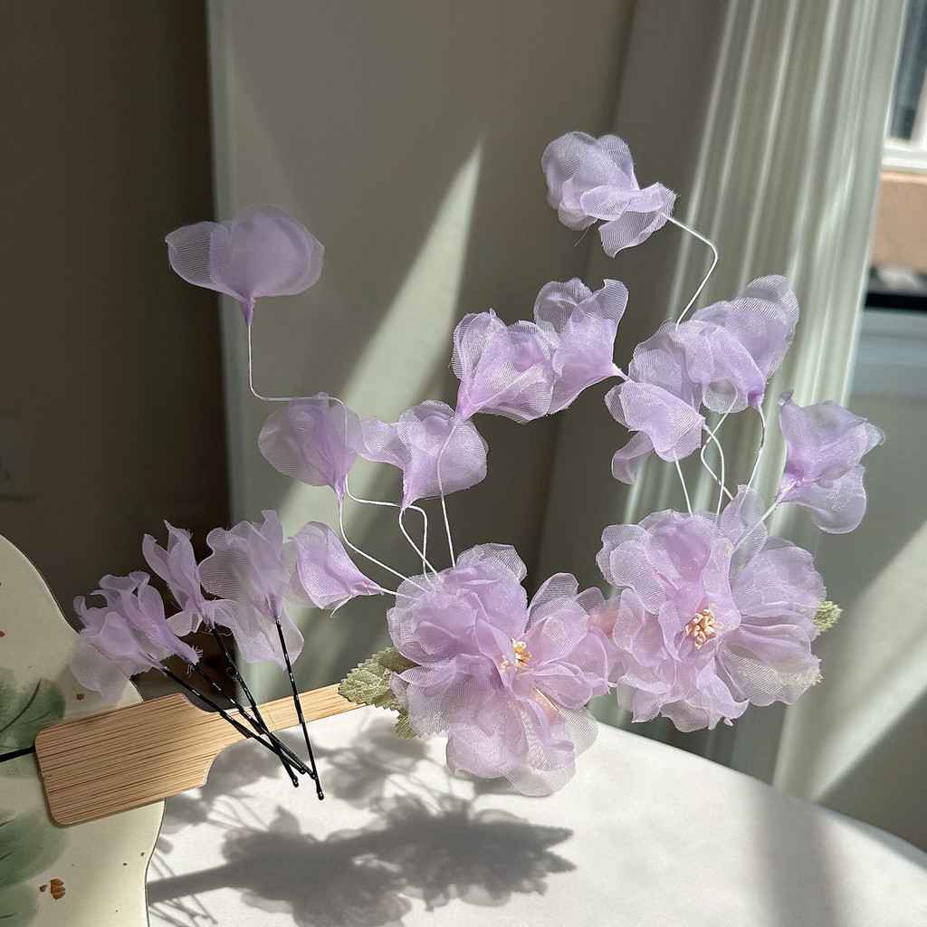 【魅小姐】絹花髮夾 古風發飾 古風側邊髮夾 花枝髮飾 絹紗燙花髮夾 森係髮夾 粉嫩髮夾 唐風漢服髮飾 古裝配飾 | 蝦皮購物