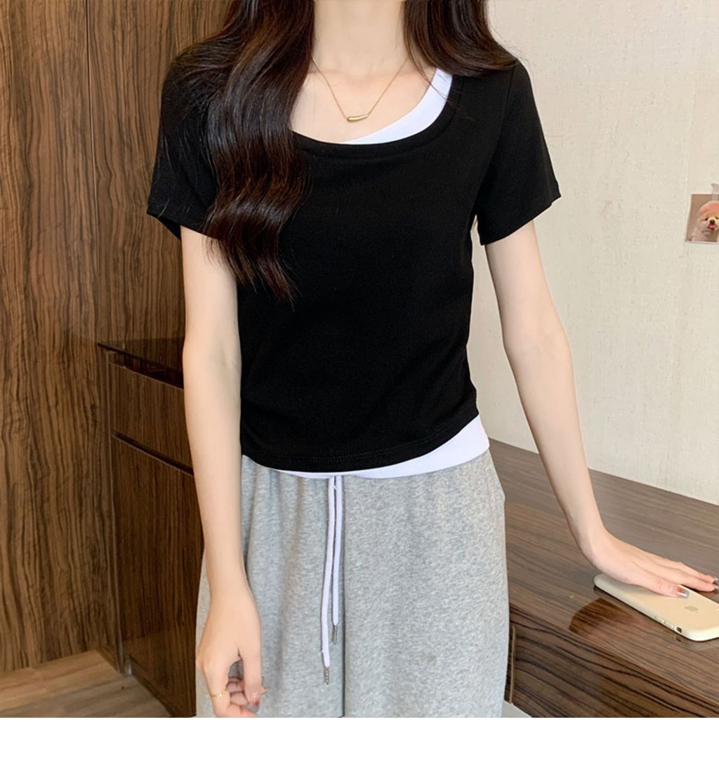 免運 臺灣出貨 短版上衣女 方領短袖T恤女裝夏季2025新款設計感小衆修身純慾假兩件短款上衣 OLZZ | 蝦皮購物