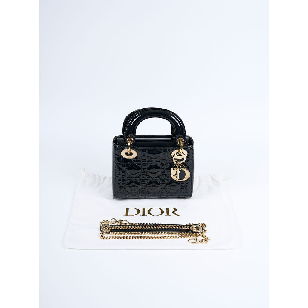 Christian Dior 黑 金釦 漆皮 LADY DIOR 手提包 | 蝦皮購物