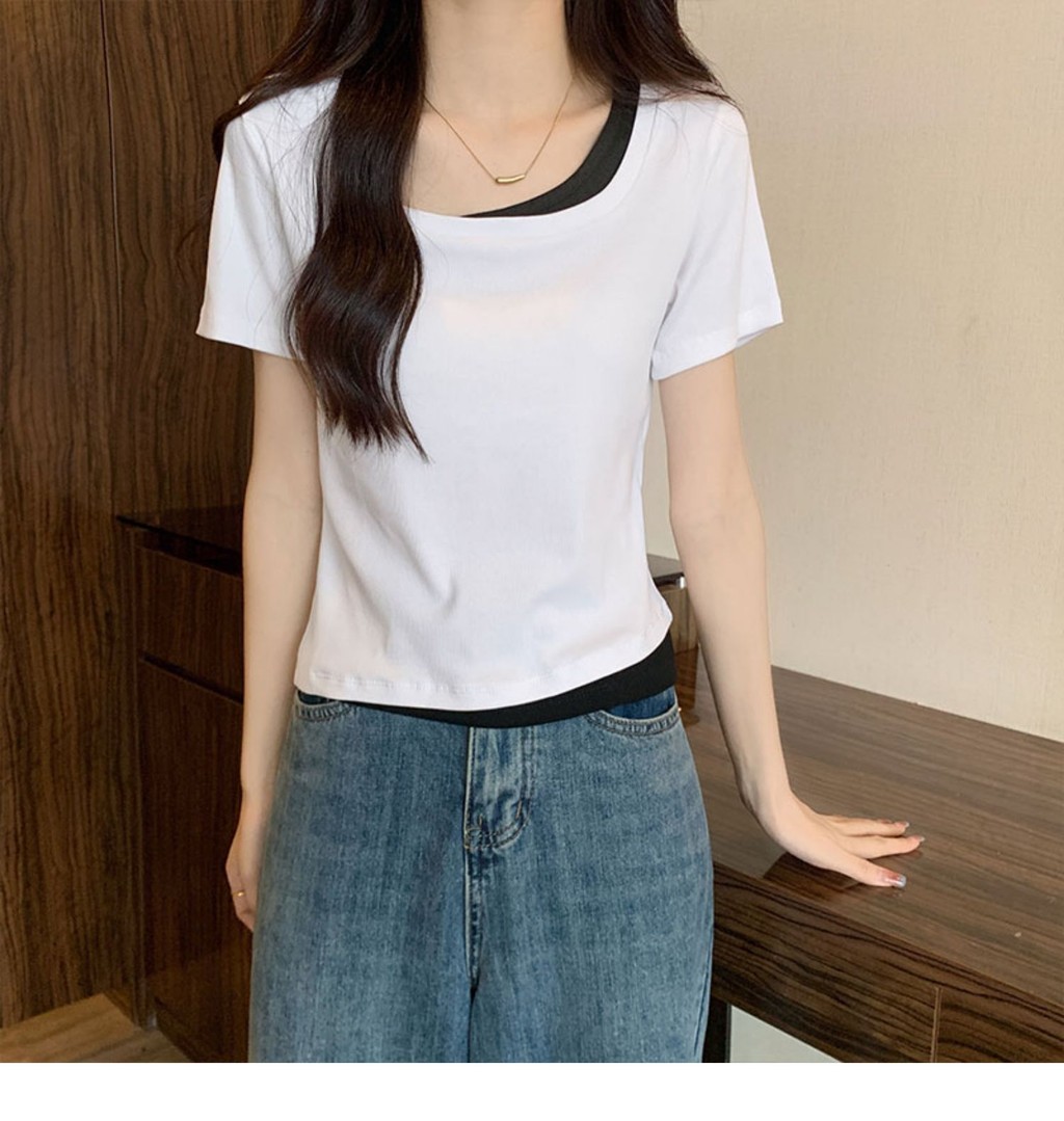 免運 臺灣出貨 短版上衣女 方領短袖T恤女裝夏季2025新款設計感小衆修身純慾假兩件短款上衣 OLZZ | 蝦皮購物