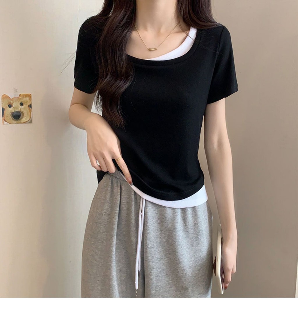 免運 臺灣出貨 短版上衣女 方領短袖T恤女裝夏季2025新款設計感小衆修身純慾假兩件短款上衣 OLZZ | 蝦皮購物