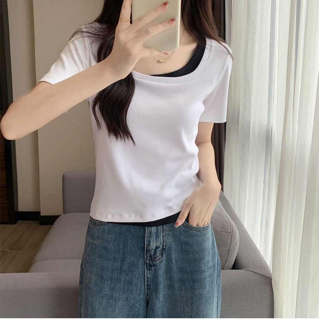免運 臺灣出貨 短版上衣女 方領短袖T恤女裝夏季2025新款設計感小衆修身純慾假兩件短款上衣 OLZZ | 蝦皮購物